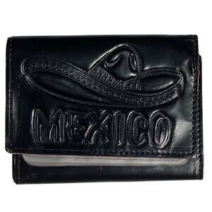 Trifold Leather Wallet, Embossed Mexico and Sombrero 3-1/8"H x 4-1/4"W